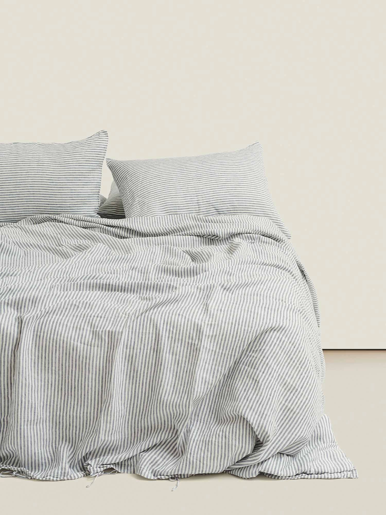 100% Linen Duvet Set in Blue Stripes