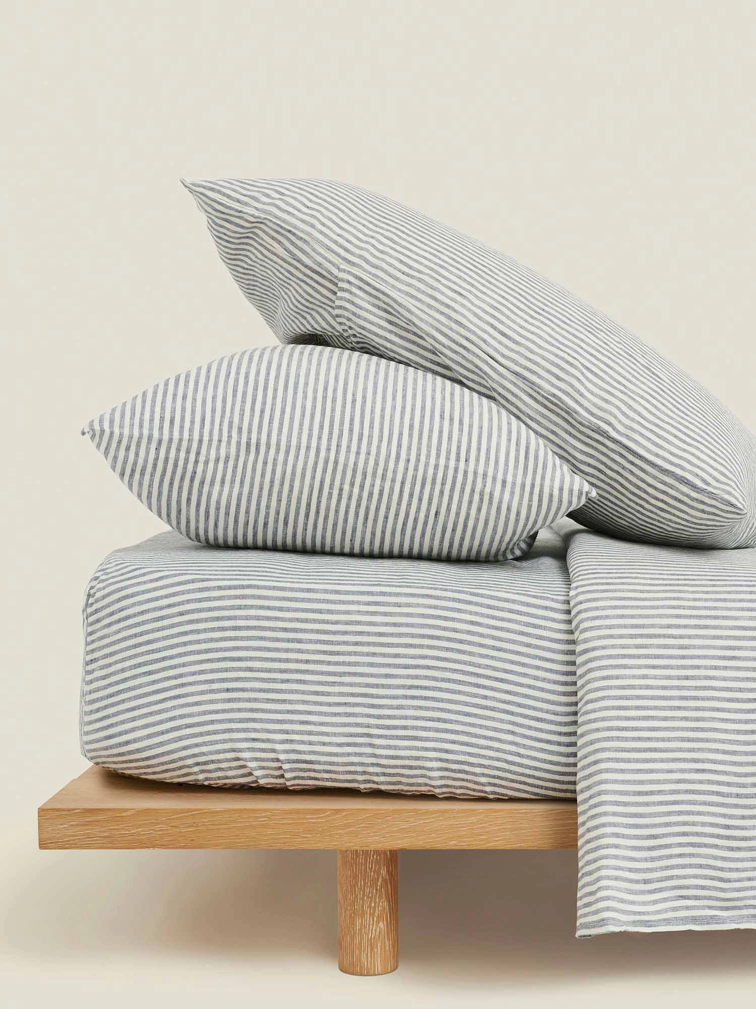100% Linen European Pillowcase Set (of two) in Blue Stripes