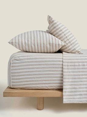 100% Linen Fitted Sheet in Wide Natural Stripes