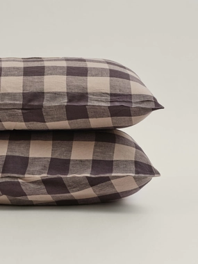 100% Linen Pillowcase Set (of two) in Natural-Dark Check