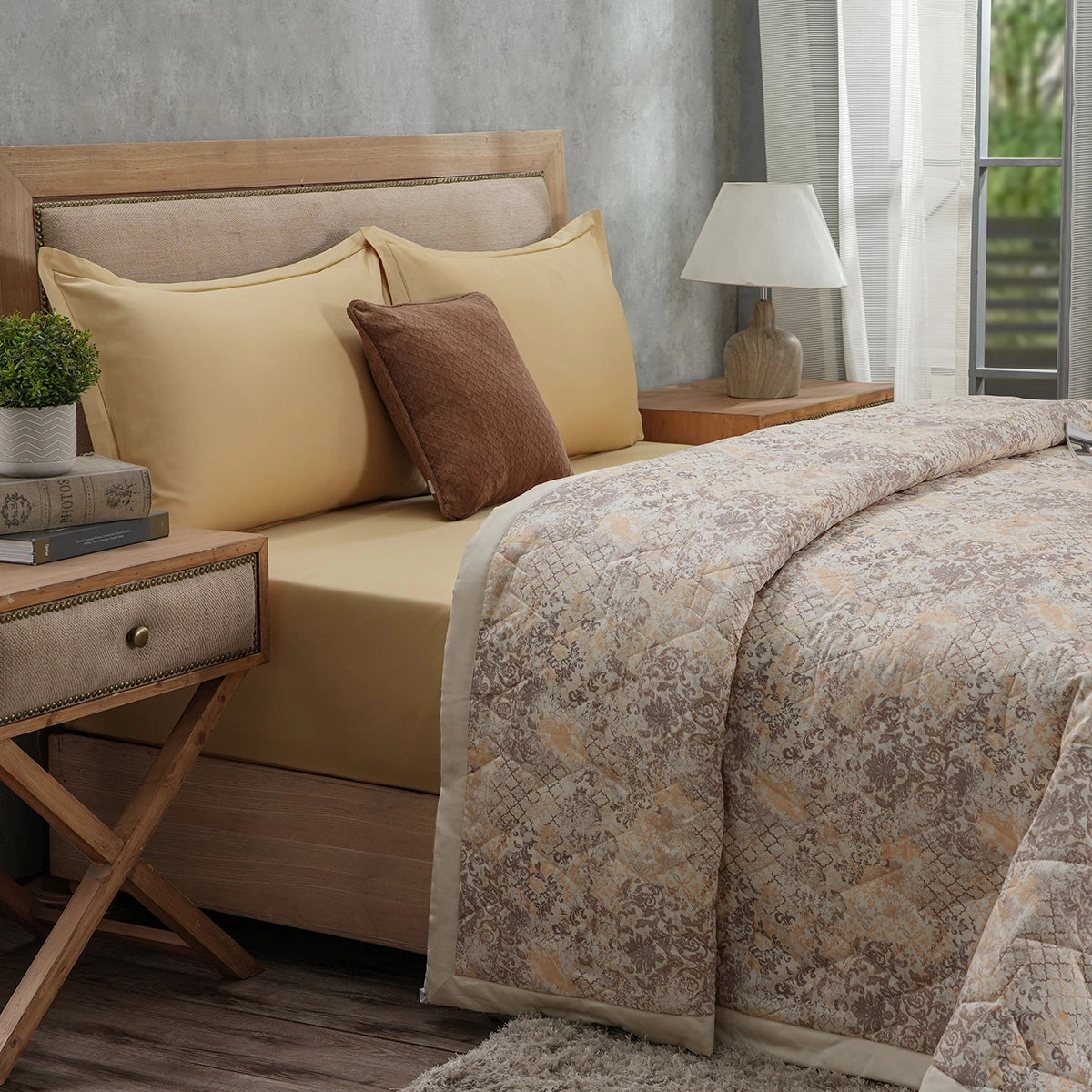 6PC Quilt/Quilted Bed Cover Set Neutral PBS Refined Retro Nouvel Damask