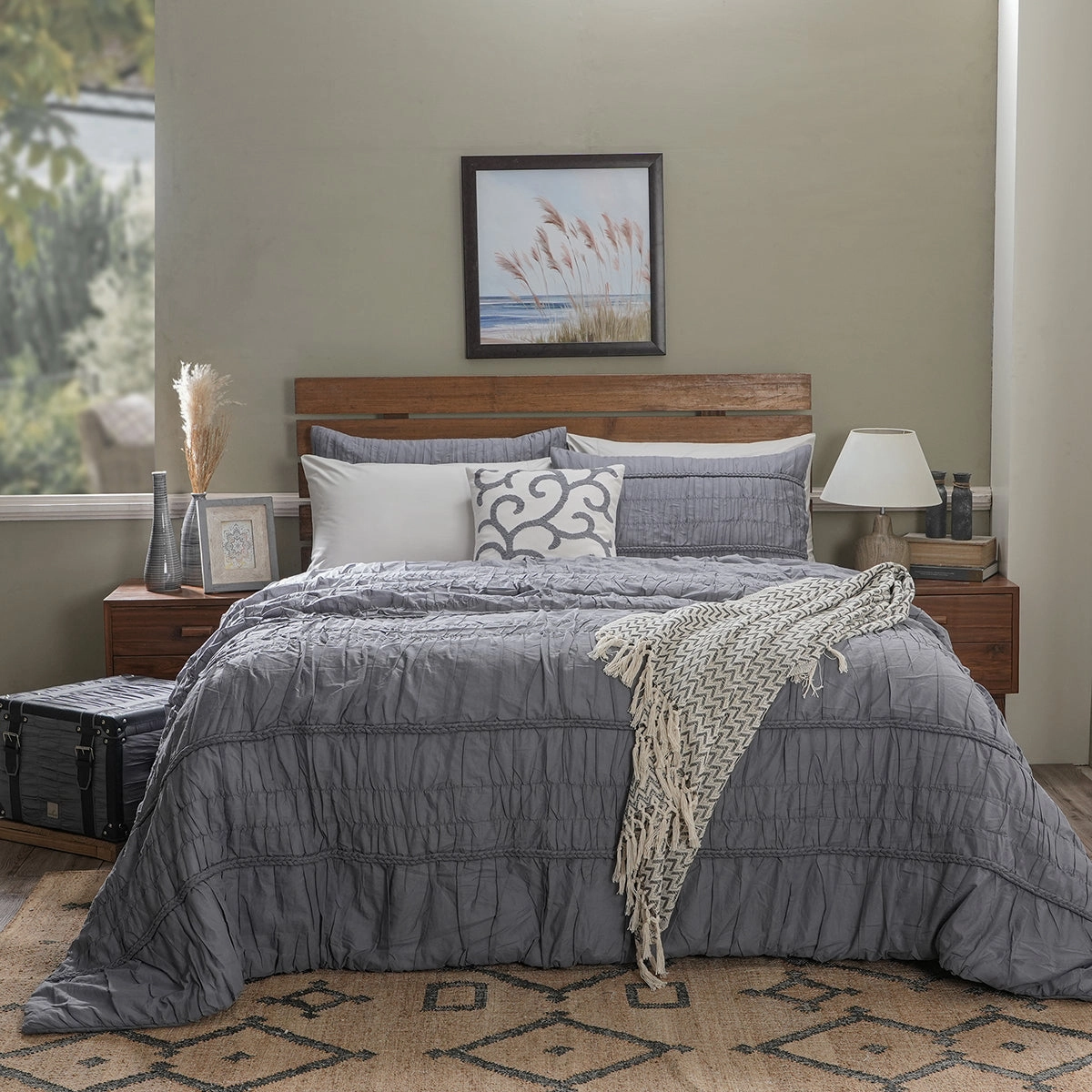 9PC Quilt/Quilted Bed Cover Set Rurban Rhupsodic Uneasy Lines Grey