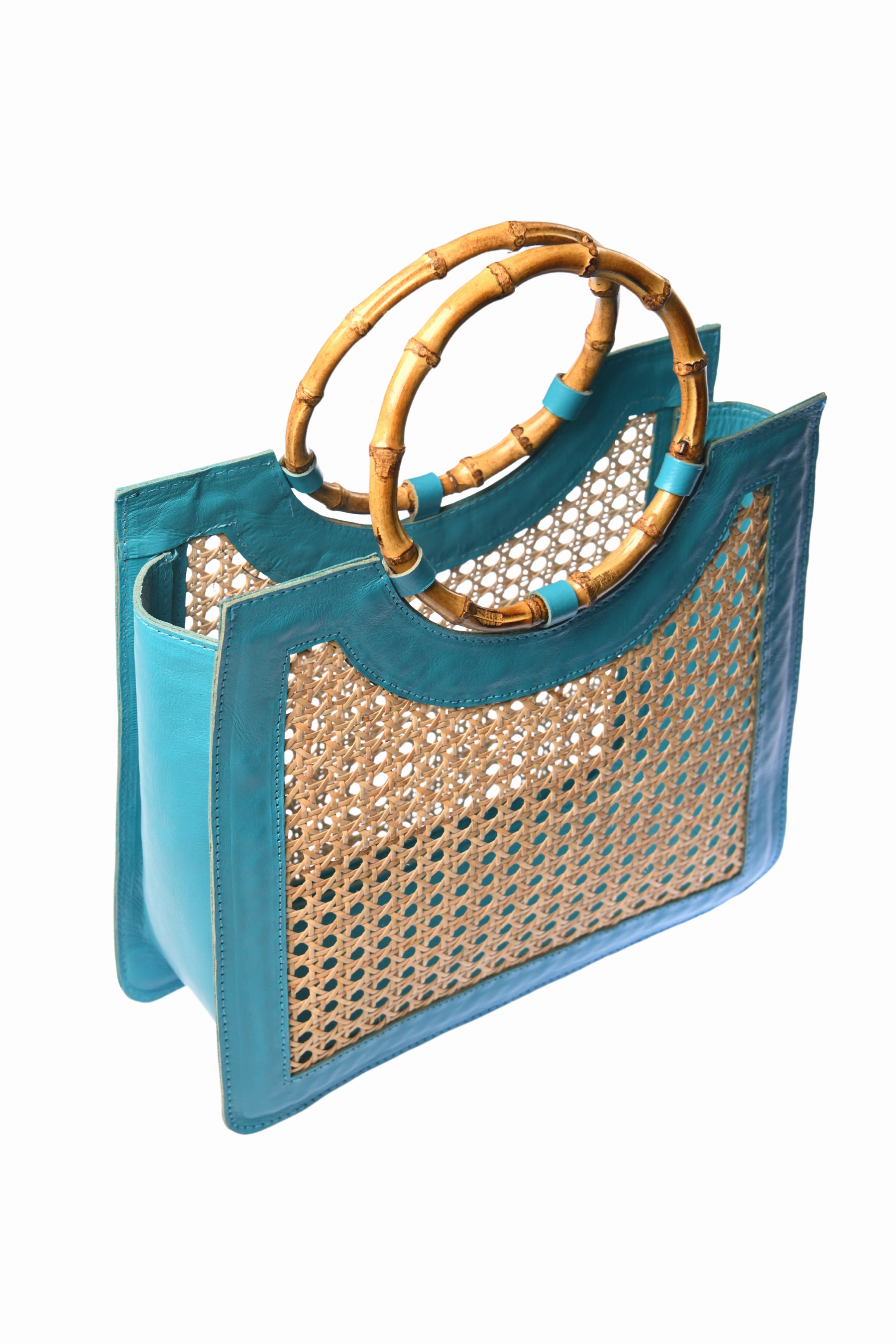 Bamboo Handle Wicker Bag / Turquoise