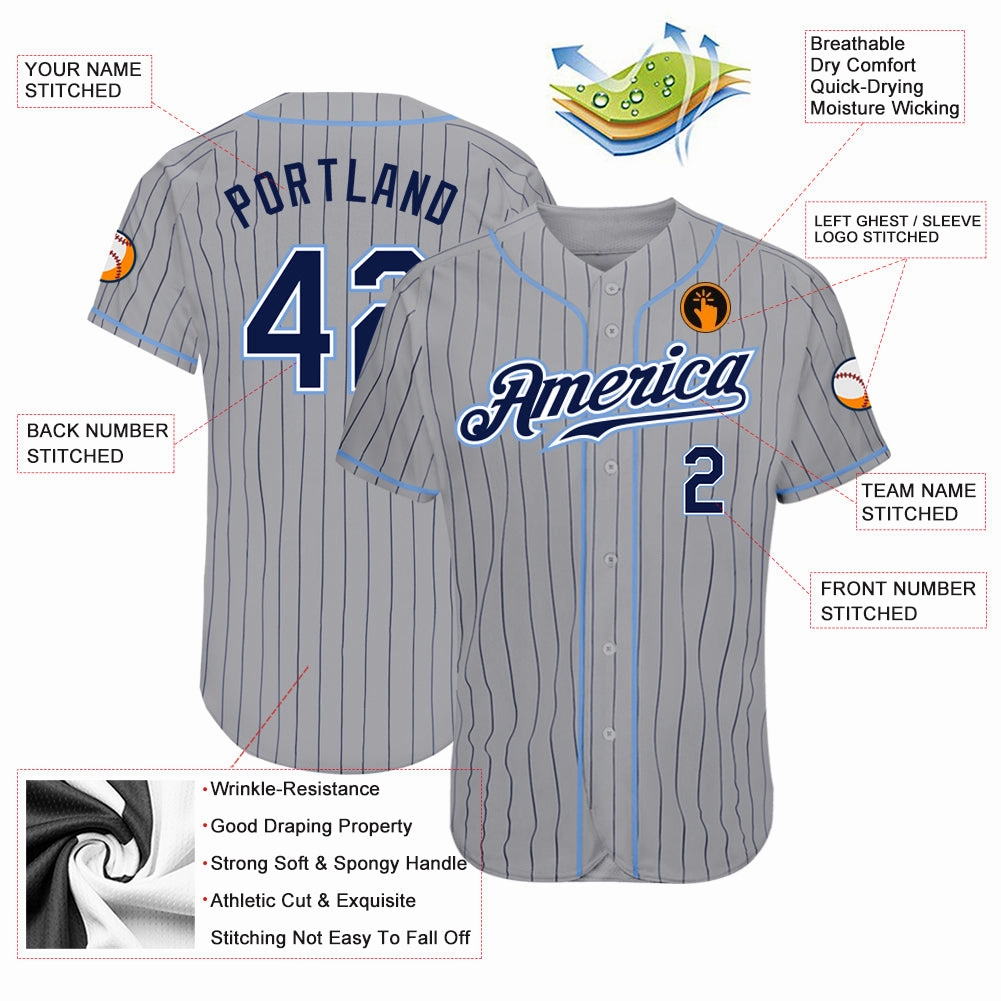 Custom Gray Navy Pinstripe Navy-Light Blue Authentic Baseball Jersey