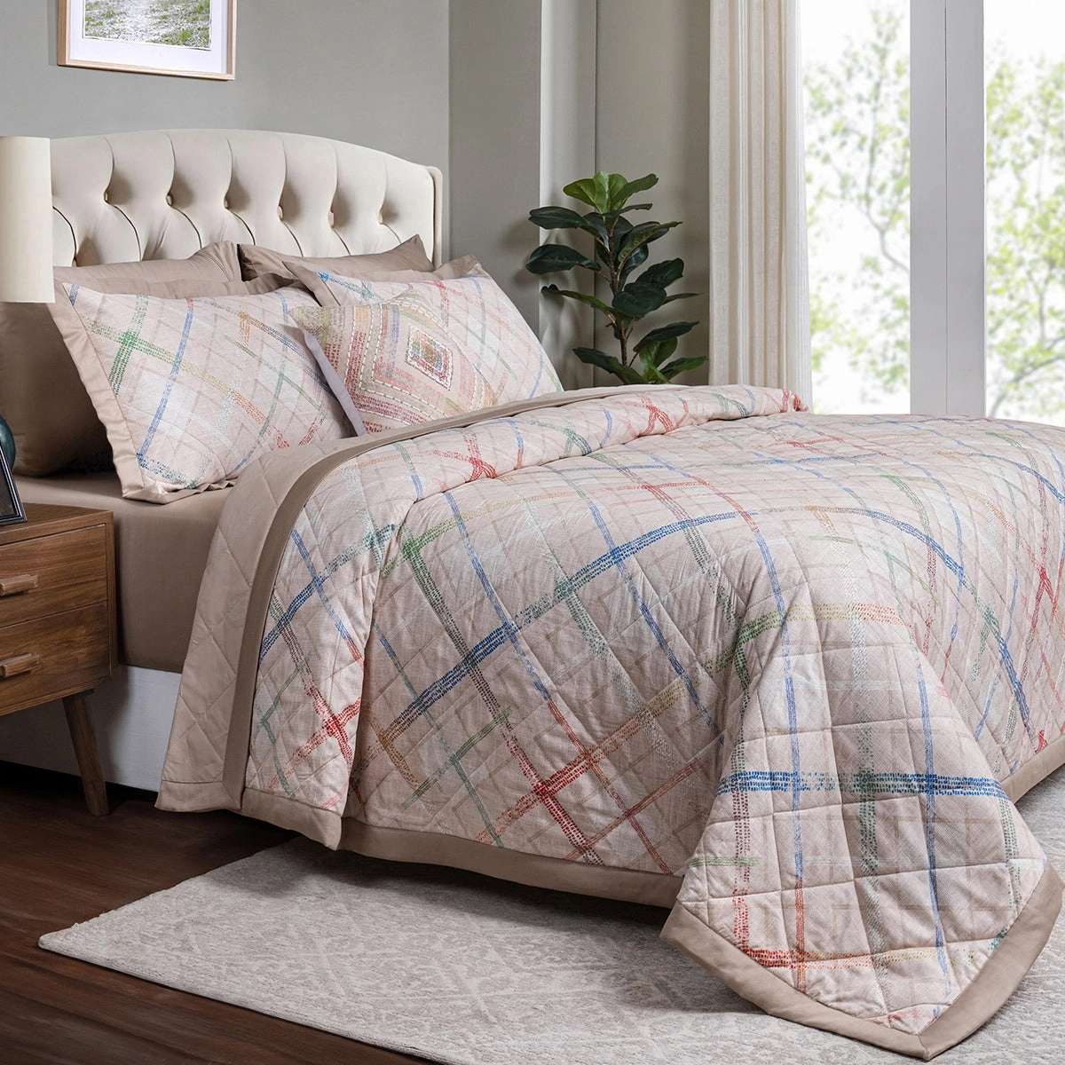 Eclectic Geo Rhombus Beige 8pcs Quilt/Quilted Bed Cover