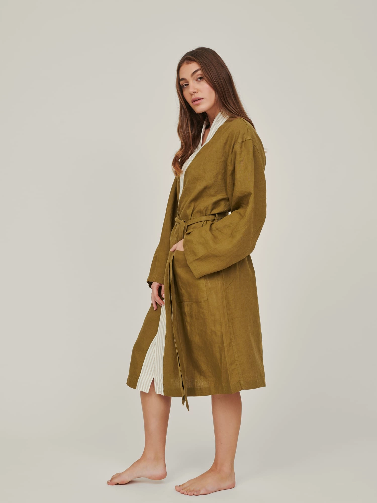 Linen Robe In Olive with Natural Stripes