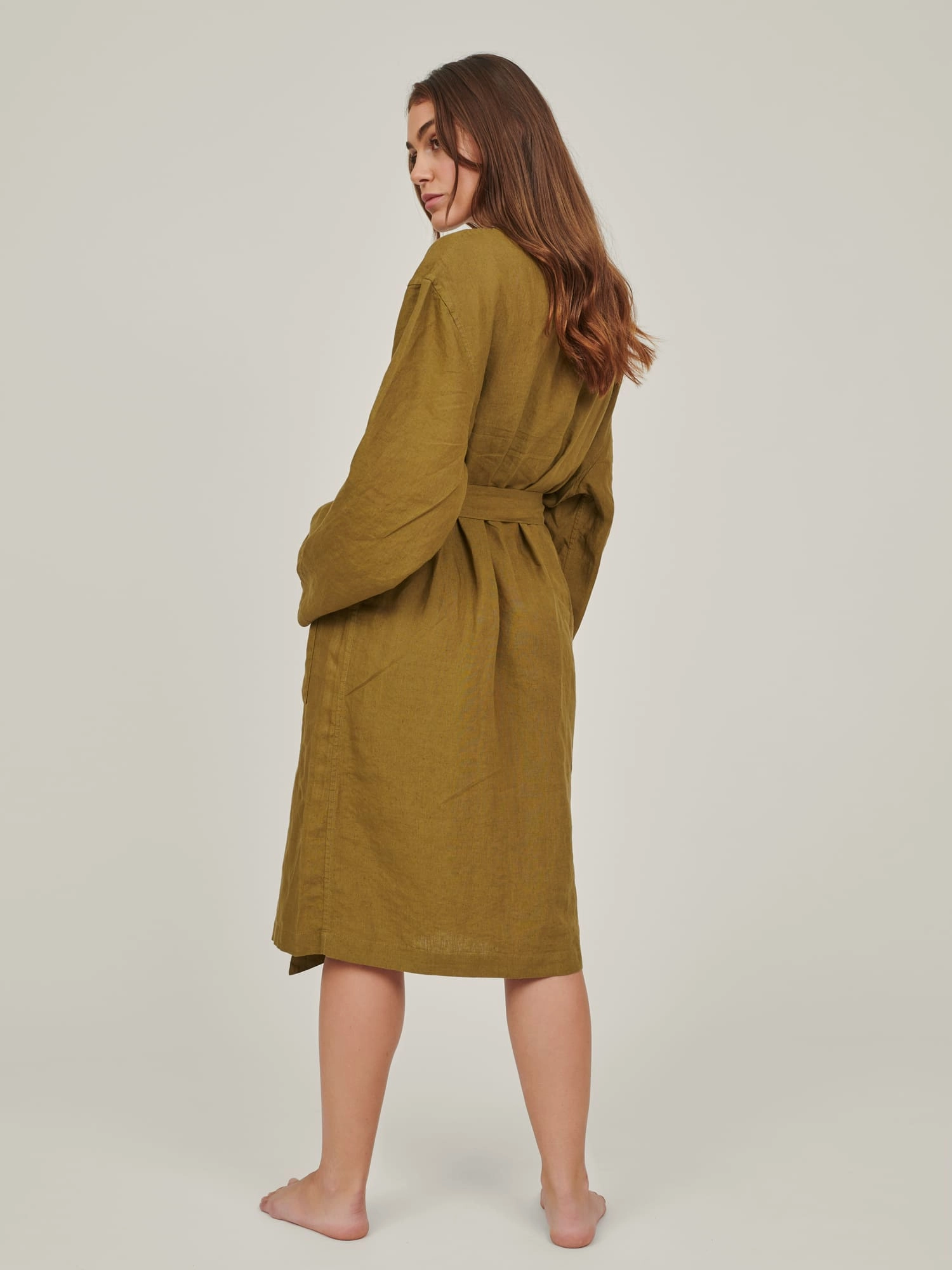 Linen Robe In Olive with Natural Stripes
