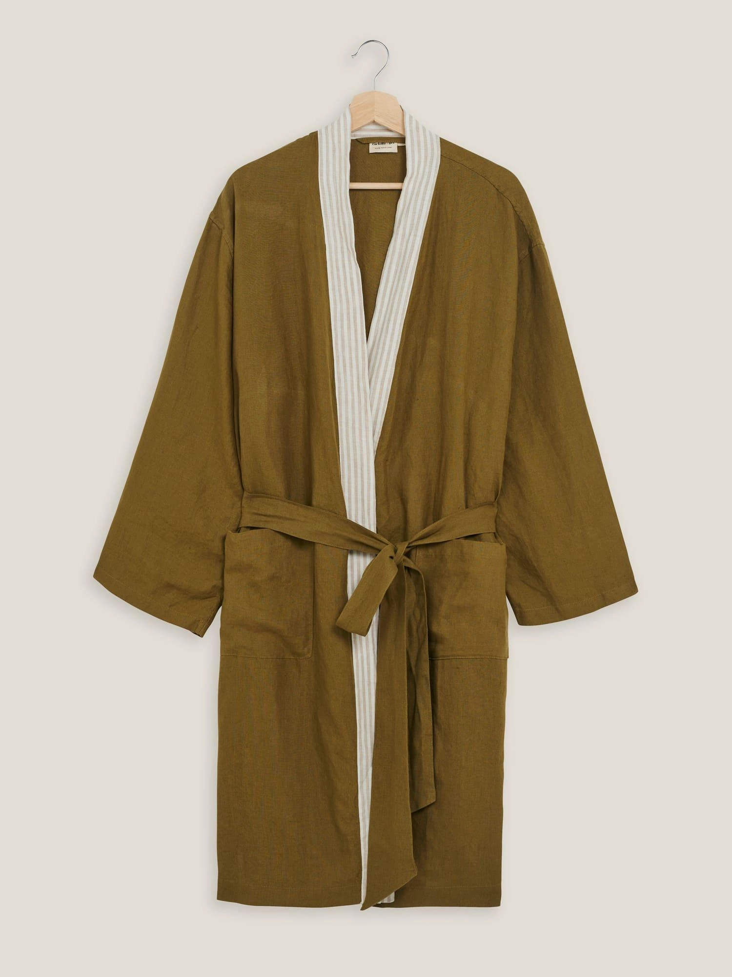 Linen Robe In Olive with Natural Stripes