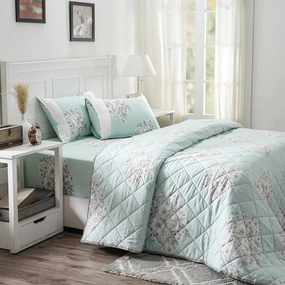 Royal Botanic Bloom Flora Aqua 4PC Quilt/Quilted Bed Cover Set
