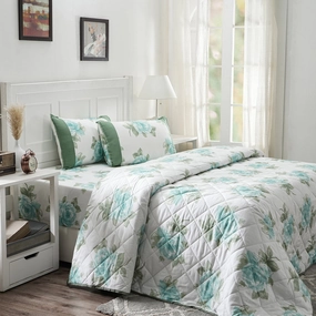 Royal Botanic Turning Rose Aqua 4PC Quilt/Quilted Bed Cover Set