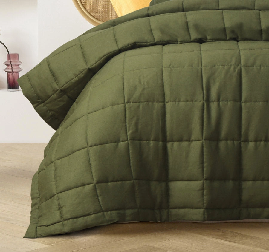 Stonewashed French Linen Coverlet Set Range Olive