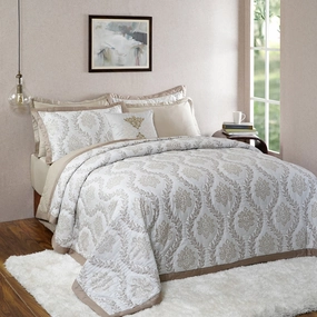 Tranquil Essence Lawn Leaflet Beige 8 PC Quilt/Quilted Bed Cover Set