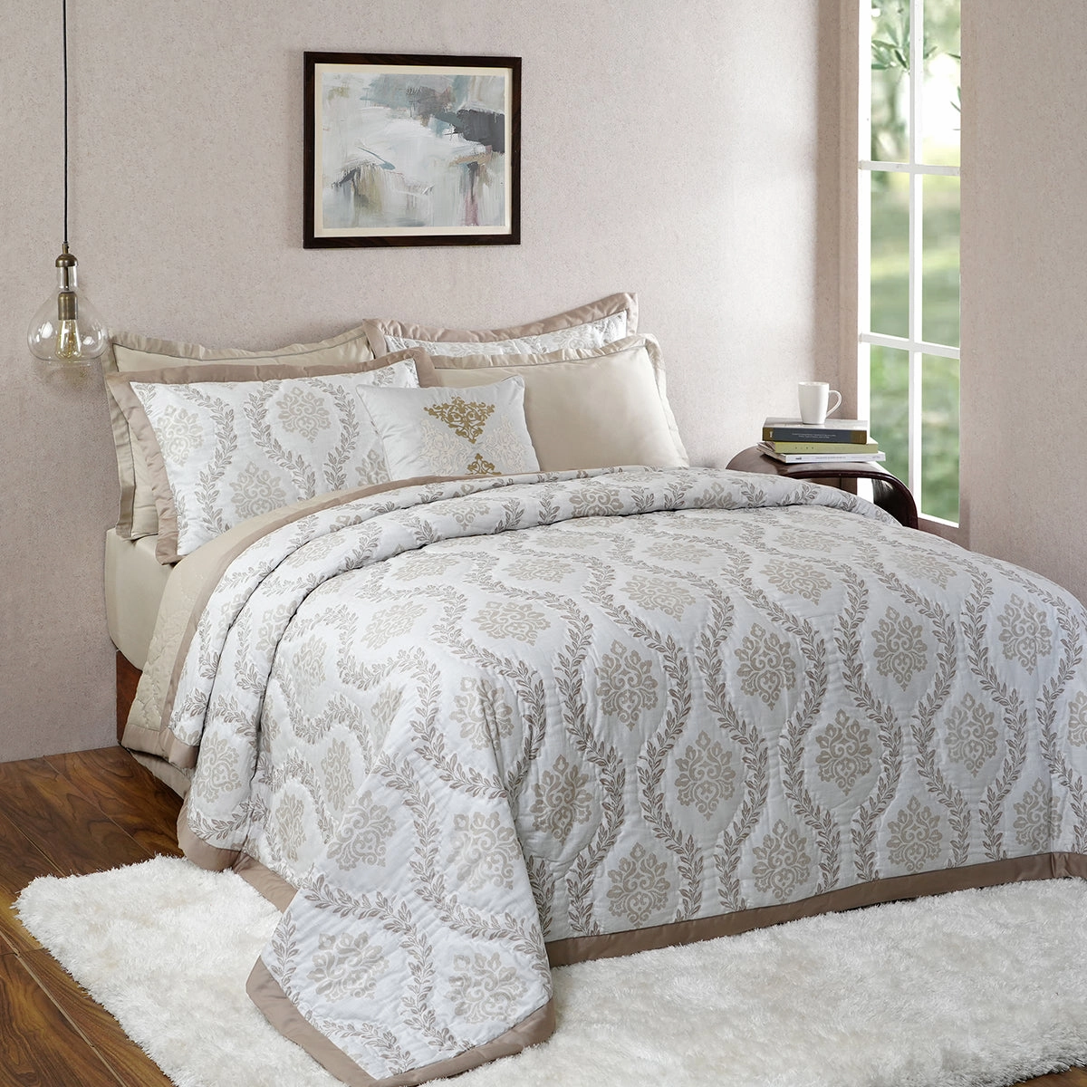 Tranquil Essence Lawn Leaflet Beige 8 PC Quilt/Quilted Bed Cover Set