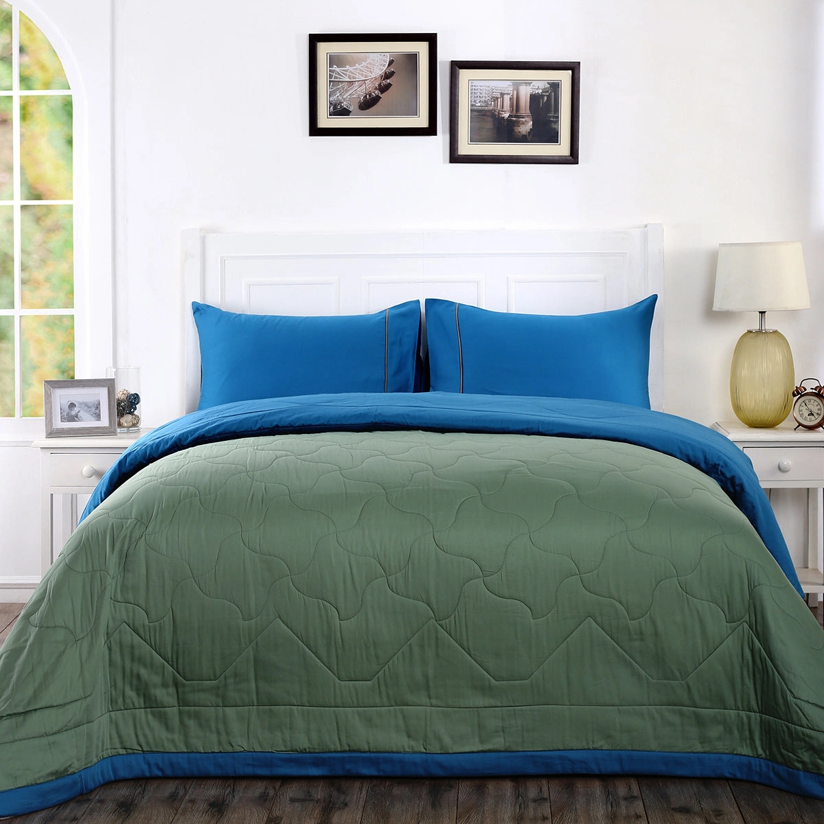 Vincent Reversible Basil/Mosiac Blue Quilt/Quilted Bed Cover